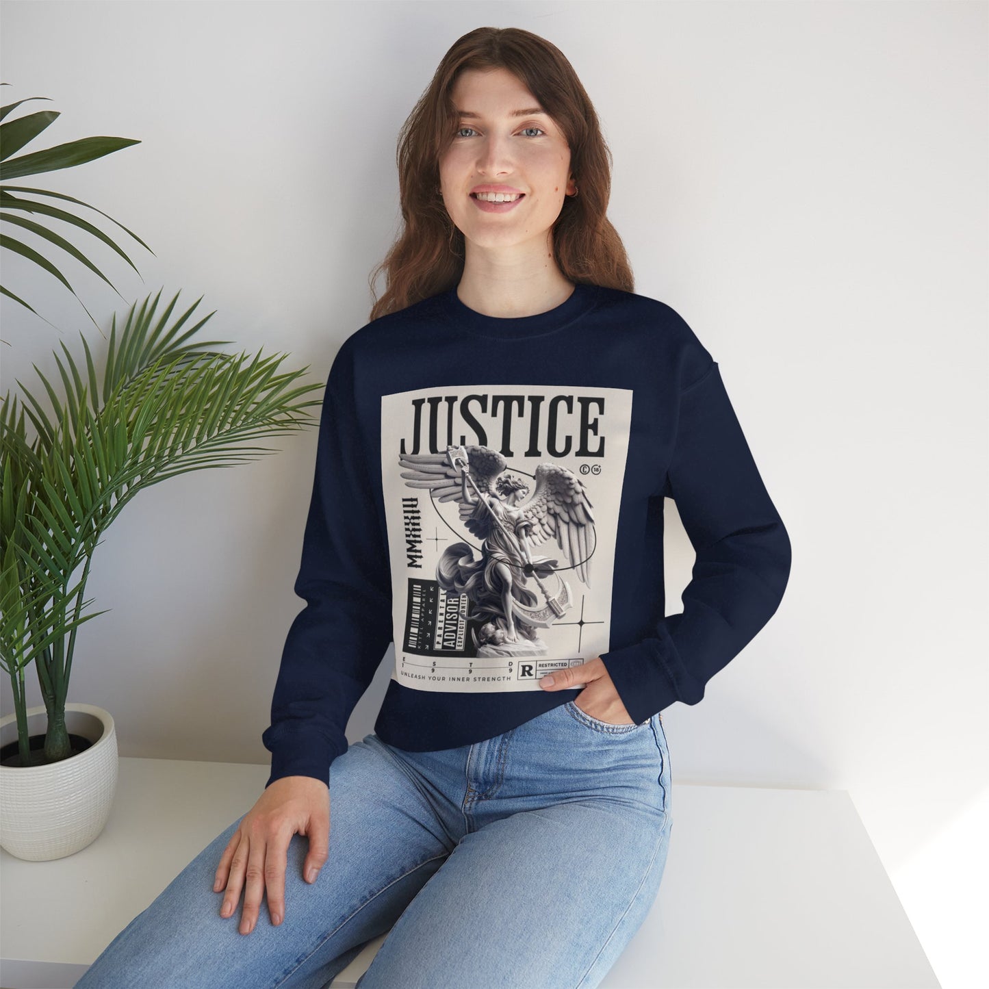 Justice Graphic Sweatshirt — Angel Sculpture Vintage Poster Design