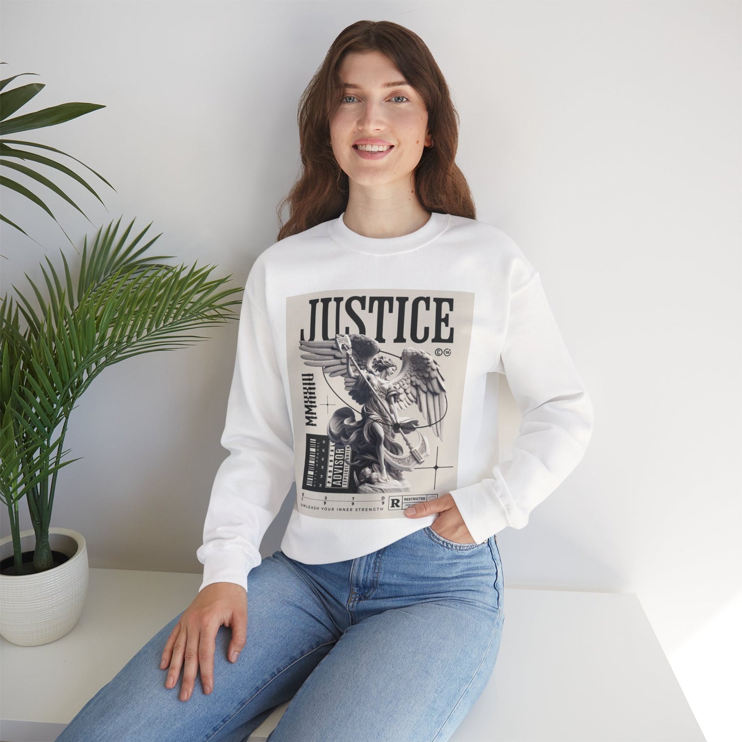 Justice Graphic Sweatshirt — Angel Sculpture Vintage Poster Design