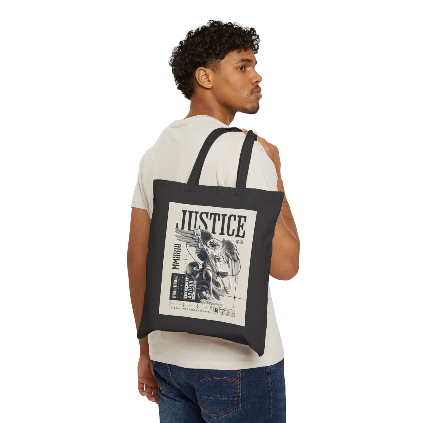 Justice Graphic Tote Bag — Vintage Statue Design
