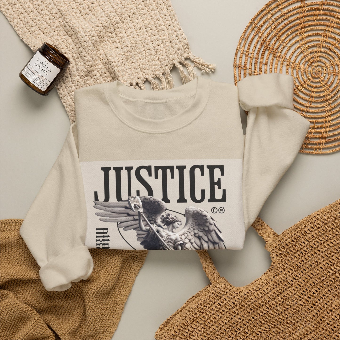 Justice Graphic Sweatshirt — Angel Sculpture Vintage Poster Design