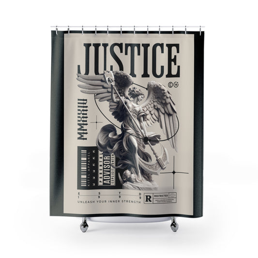 Justice Angel Shower Curtain — Vintage Statue Graphic Bath Decor