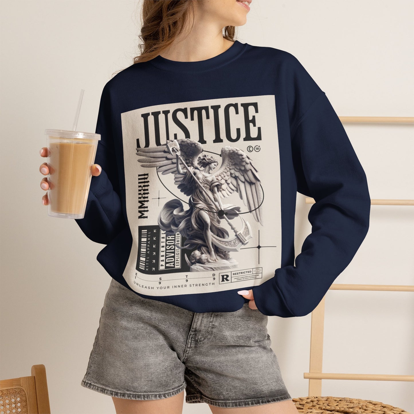 Justice Graphic Sweatshirt — Angel Sculpture Vintage Poster Design