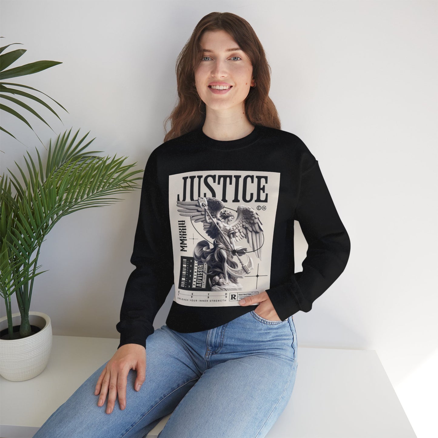 Justice Graphic Sweatshirt — Angel Sculpture Vintage Poster Design