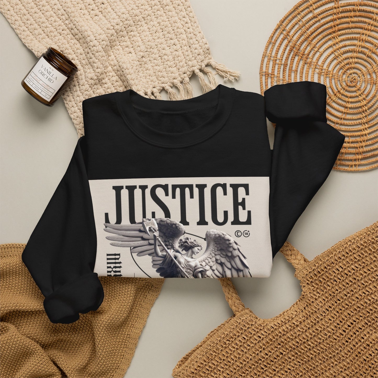 Justice Graphic Sweatshirt — Angel Sculpture Vintage Poster Design